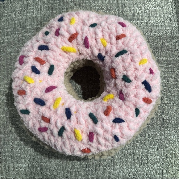 Strawberry glaze hand, knit, doughnut, pillow is soft and plush. Fat free! - Picture 5 of 6